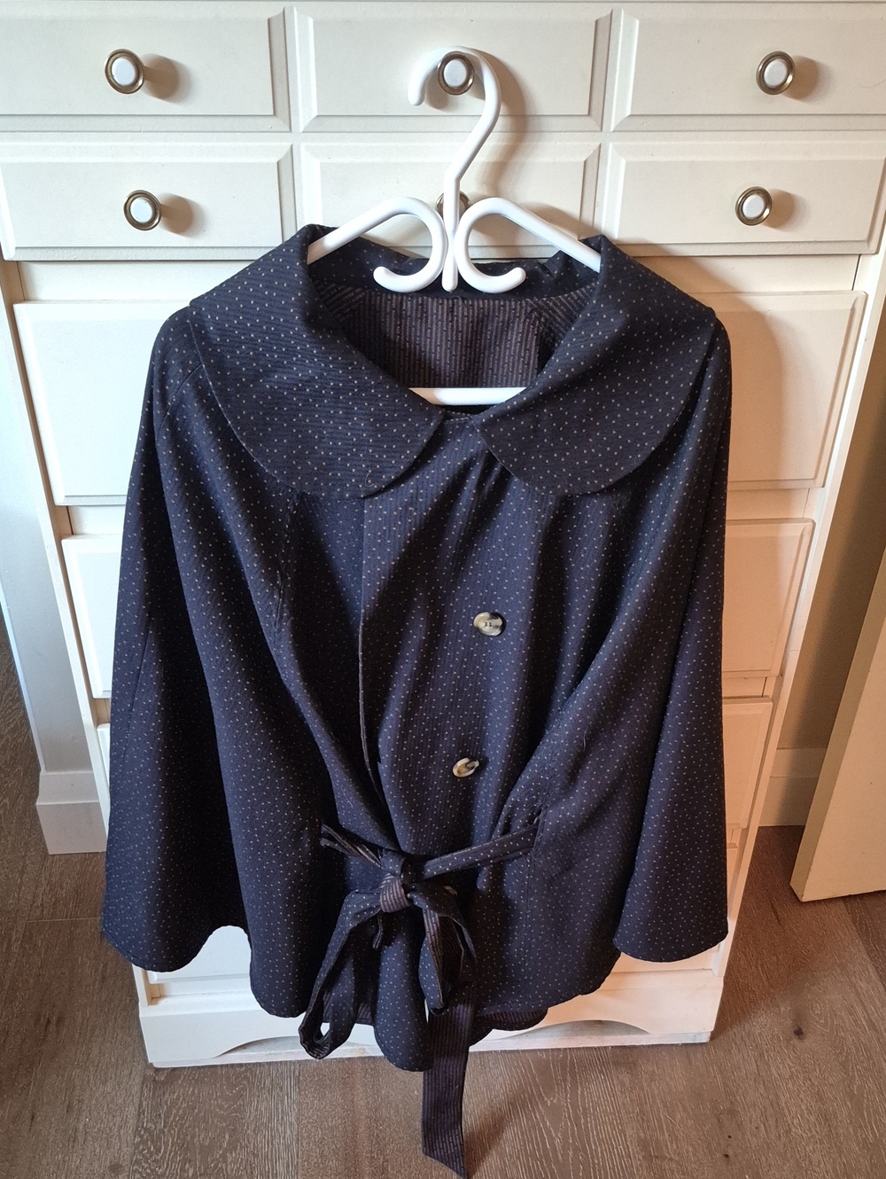 Melissa McCarthy Seven7 Navy Polka Dot Reversible Cape Coat with Belt
